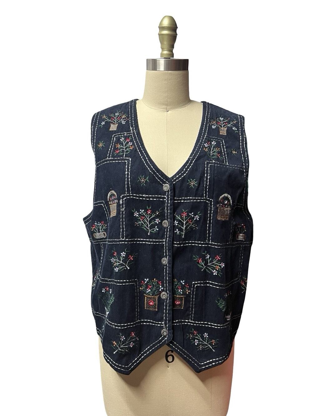 Vintage 90s Navy Corduroy Flowers Embroidered Cottagecore Granny Vest SZ L